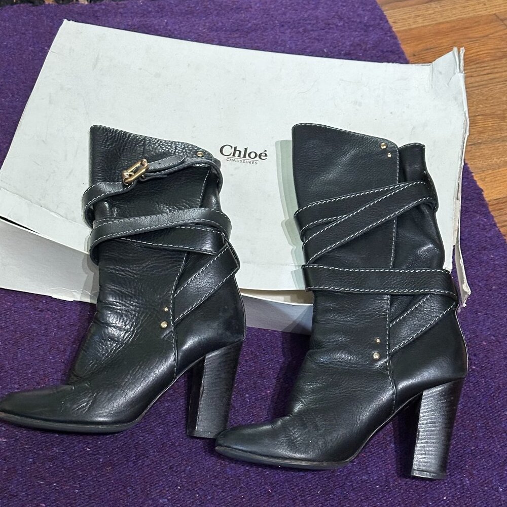 Gorgeous Rocker Chic Vintage High Heel Leather Boots by Chloe sz 37 mid-2000's